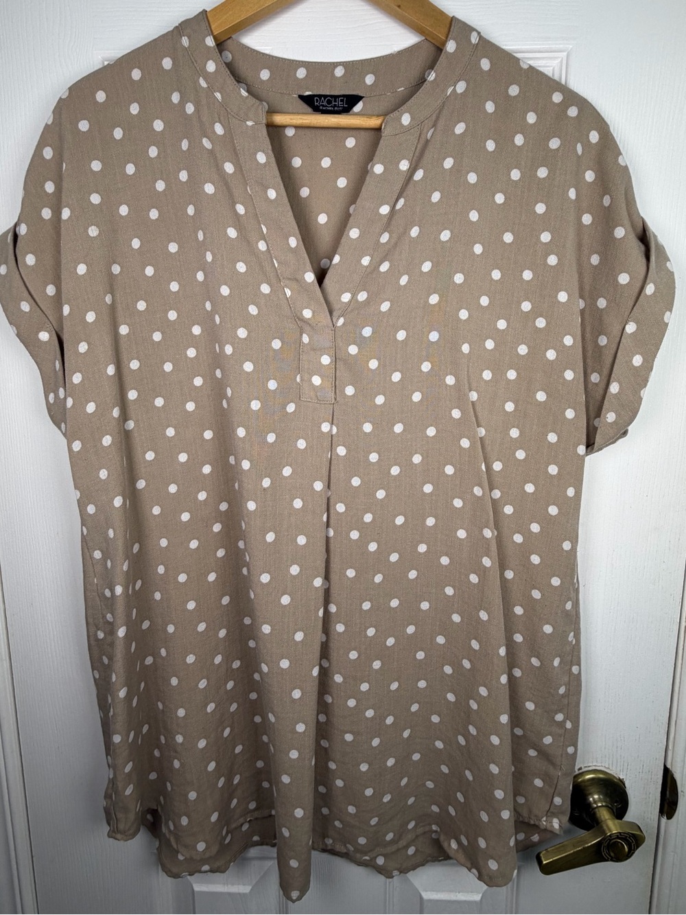 Rachel Beige White Polka Dot Tunic Women's Large V-Neck Flowy Lightweight Blouse